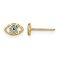 A pair of gold stud earrings shaped like eyes with blue enamel irises and gold pupils, shown from front and back views.