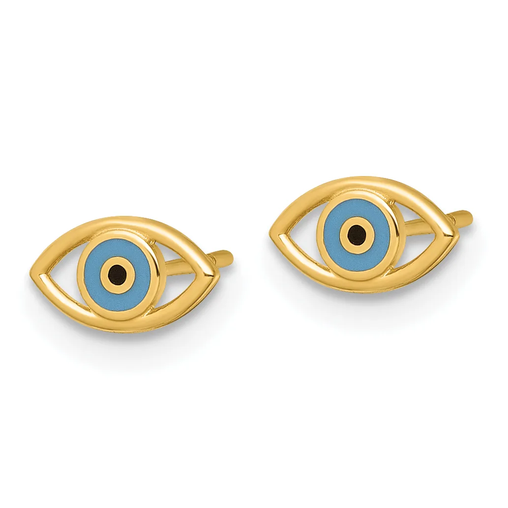 A pair of gold-tone eye-shaped stud earrings with blue enamel irises, black pupils, and small post backs.