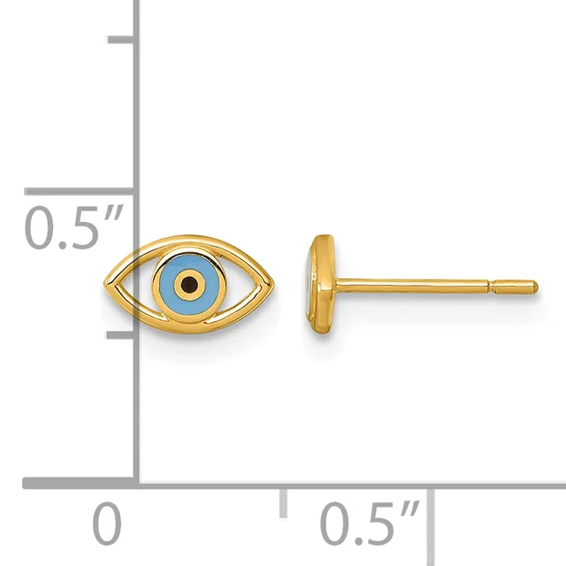 Gold stud earrings featuring blue enamel eyes with gold frames, shown front and back view next to a measurement scale.