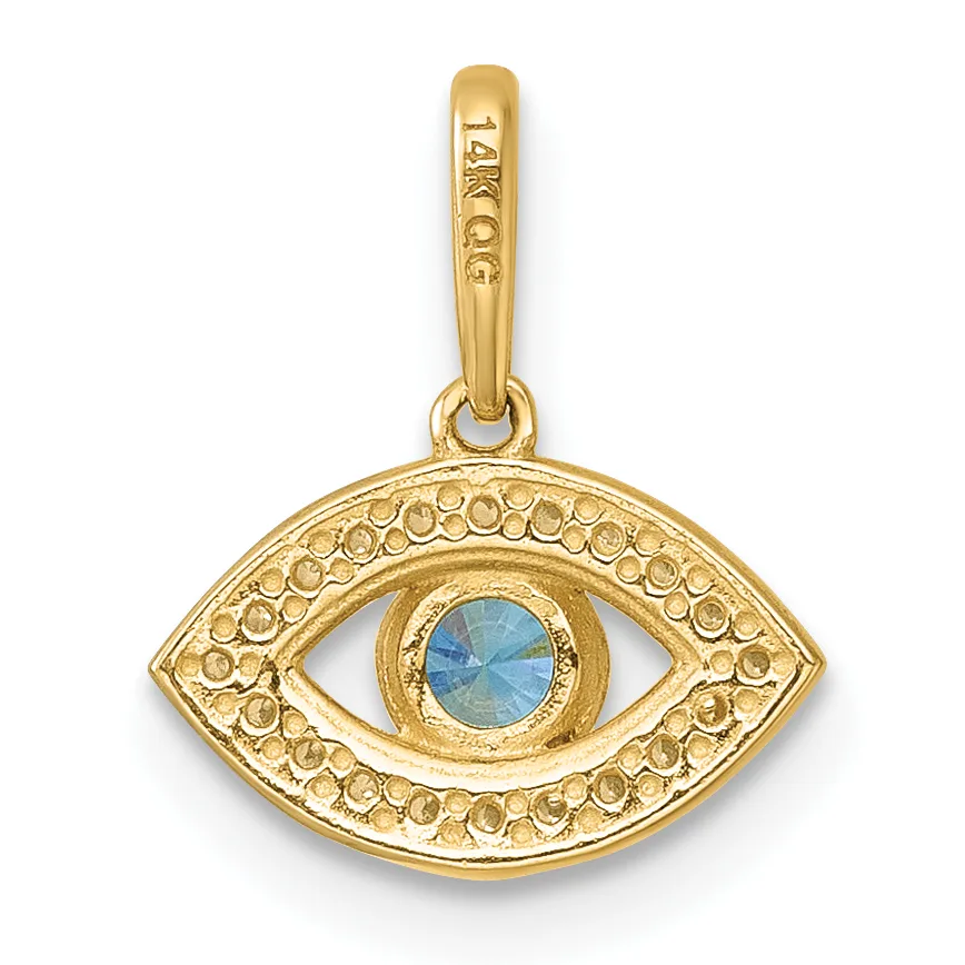 A gold pendant shaped like an eye with a blue stone set in the center, surrounded by a decorative beaded border, attached to a gold bail.