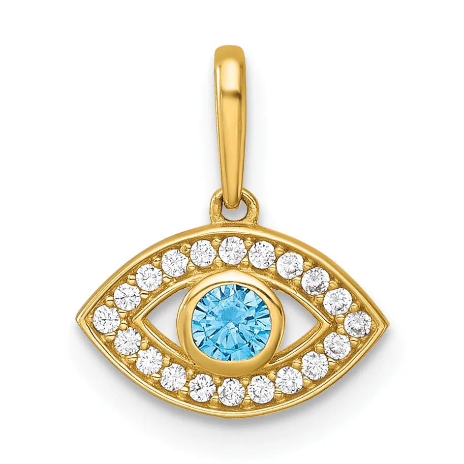Gold pendant in the shape of an eye with a round blue topaz center stone surrounded by small round white diamonds set along the eye outline, with a gold bail at the top.