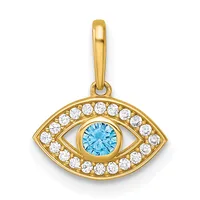 Gold pendant in the shape of an eye with a round blue topaz center stone surrounded by small round white diamonds set along the eye outline, with a gold bail at the top.
