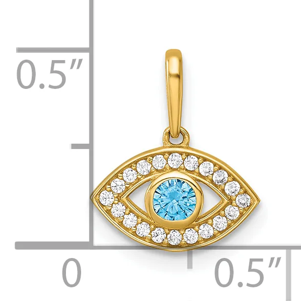 Gold eye-shaped pendant with a blue topaz center stone surrounded by white diamonds, shown with a measurement scale indicating approximately 0.5 inches in width and height.