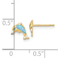 Pair of gold dolphin stud earrings with blue enamel inlay, shown next to a measurement scale indicating approximately 0.5 inches in height.