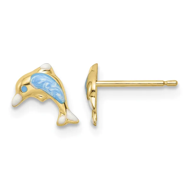 A pair of gold dolphin stud earrings with blue and white enamel details, shown from front and side views.