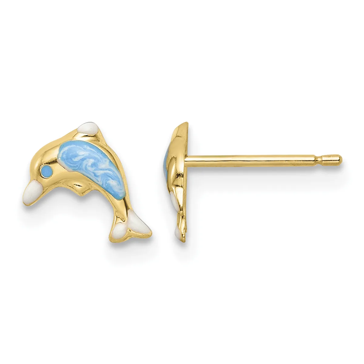 A pair of gold dolphin stud earrings with blue and white enamel details, shown from front and side views.