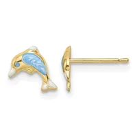 A pair of gold dolphin stud earrings with blue and white enamel details, shown from front and side views.