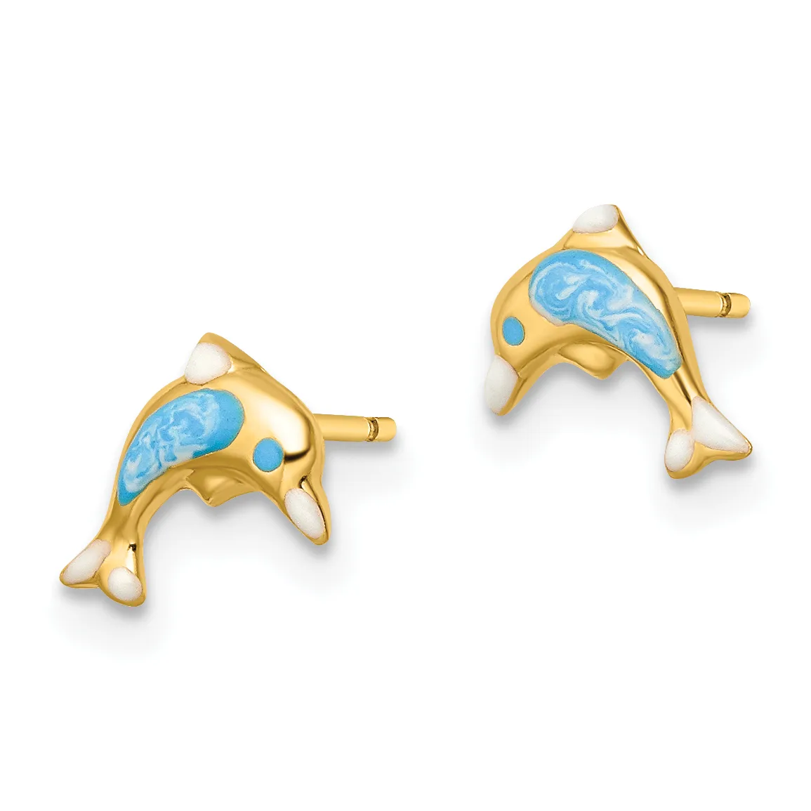 A pair of gold dolphin stud earrings with blue enamel markings on their backs and white enamel on their bellies.