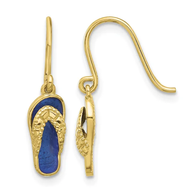 Pair of gold earrings with blue lapis lazuli stone inlays and textured gold leaf designs, shown front and back views on French wire hooks.