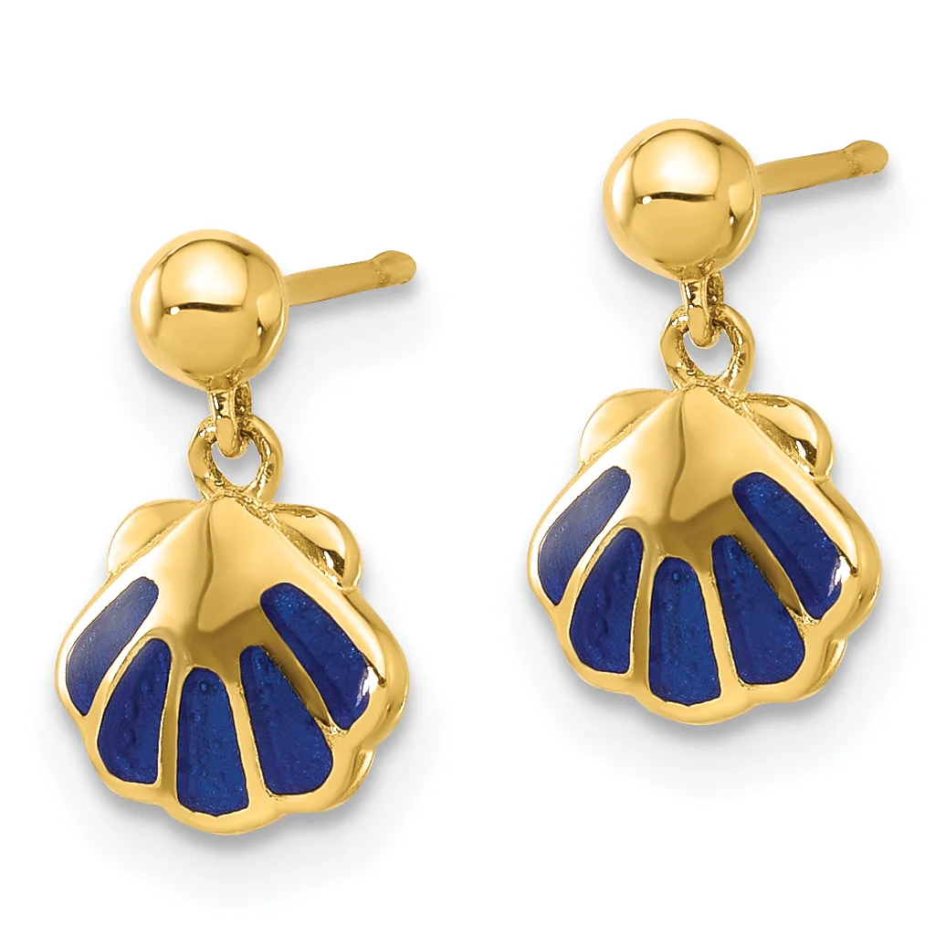 Pair of gold-toned stud earrings with ball posts featuring shell-shaped pendants inlaid with blue lapis lazuli segments.