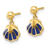 Pair of gold-toned stud earrings with ball posts featuring shell-shaped pendants inlaid with blue lapis lazuli segments.