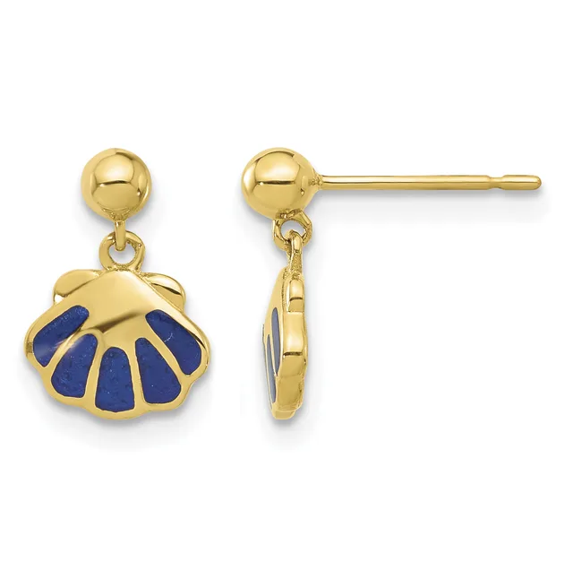 Pair of gold drop earrings with ball studs featuring shell-shaped charms inlaid with lapis lazuli, shown from front and side views.