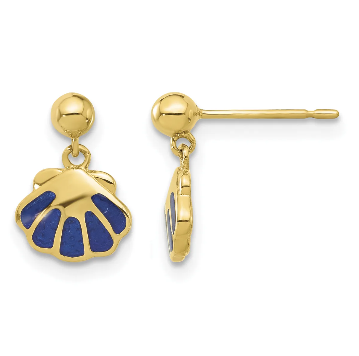 Pair of gold drop earrings with ball studs featuring shell-shaped charms inlaid with lapis lazuli, shown from front and side views.