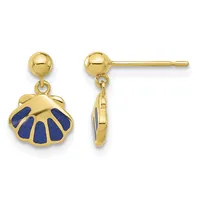 Pair of gold drop earrings with ball studs featuring shell-shaped charms inlaid with lapis lazuli, shown from front and side views.