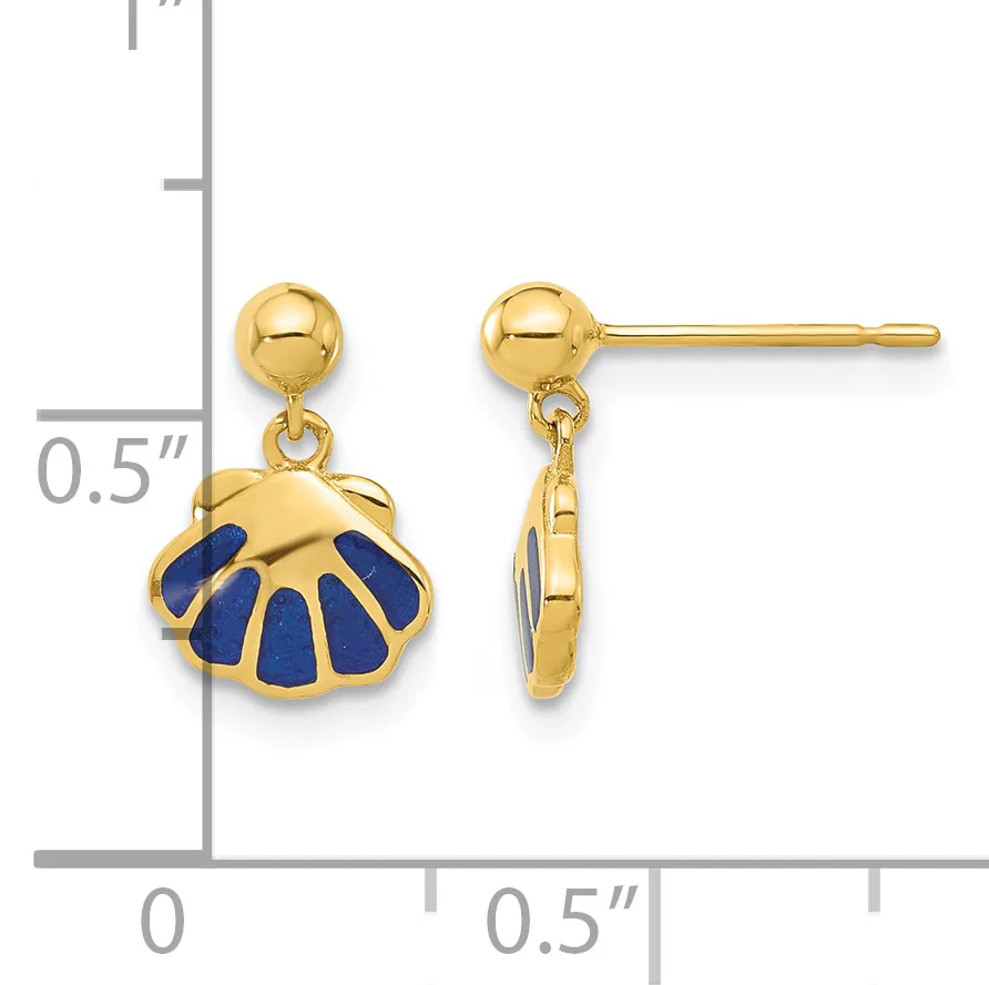 Gold ball stud earrings with blue enamel shell-shaped pendants, shown front and side view next to a measurement scale.