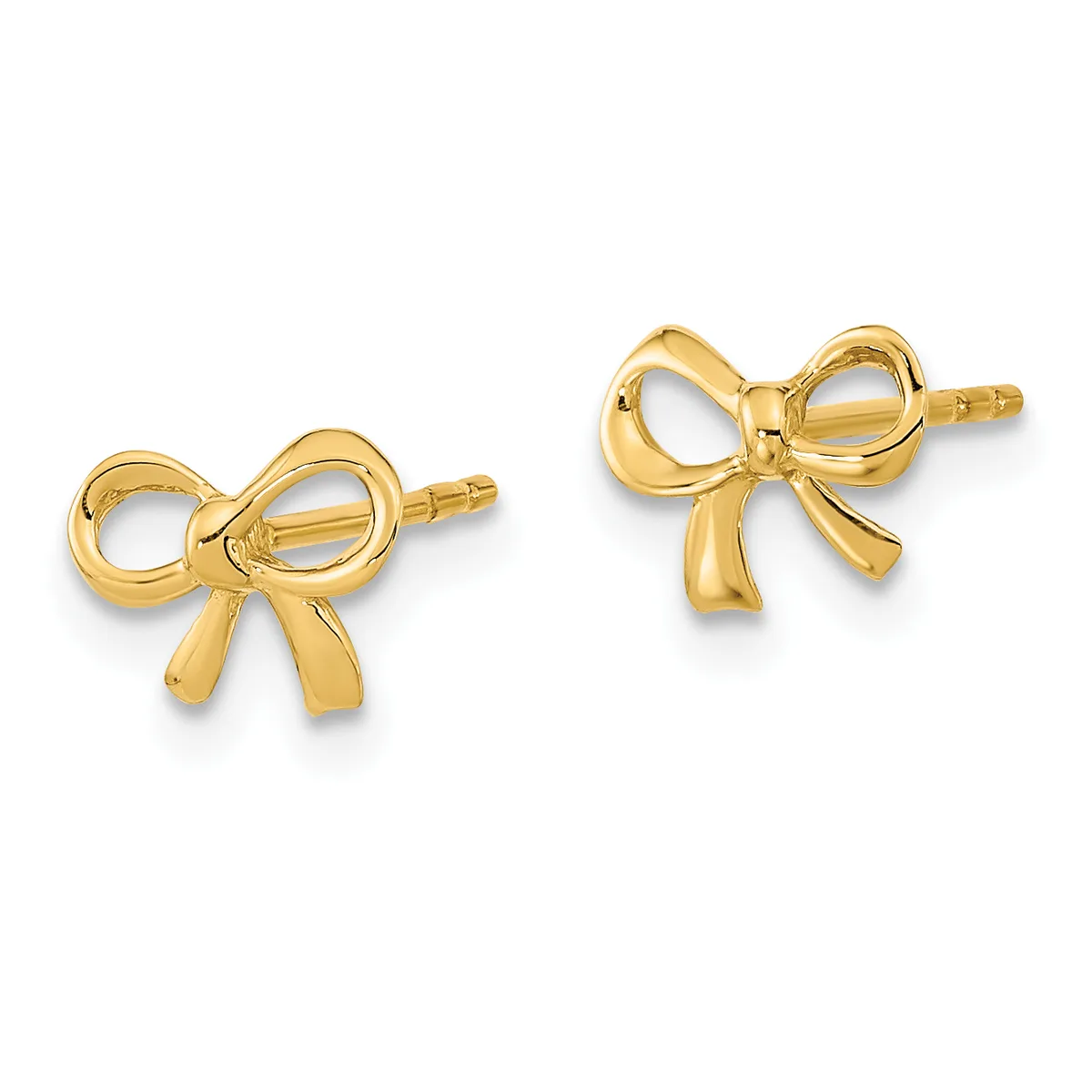 A pair of gold bow-shaped stud earrings with polished finish and post backs, shown from front and side angles.