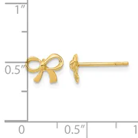 Gold bow-shaped stud earrings shown front and side view against a measurement scale indicating approximately 0.5 inches in height.