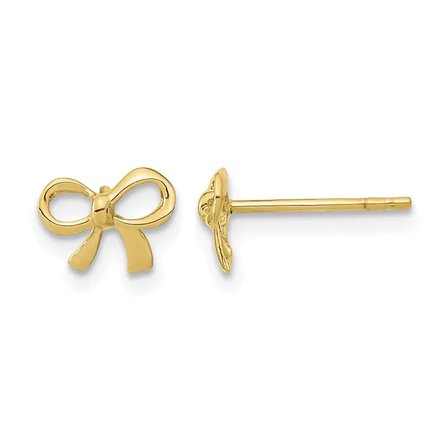 A pair of gold bow-shaped stud earrings shown from front and side views, displayed against a white background.