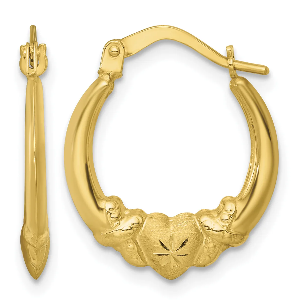 A pair of gold hoop earrings with a heart charm featuring decorative detailing, shown from front and side views.
