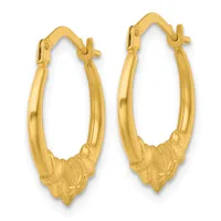 Pair of gold hoop earrings with textured leaf-shaped ornaments at the bottom and hinged clasp closures at the top.
