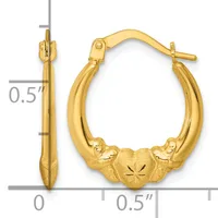 A pair of gold hoop earrings with textured heart-shaped charms, shown from front and side views with measurement scale indicating 0.5 inch dimensions.