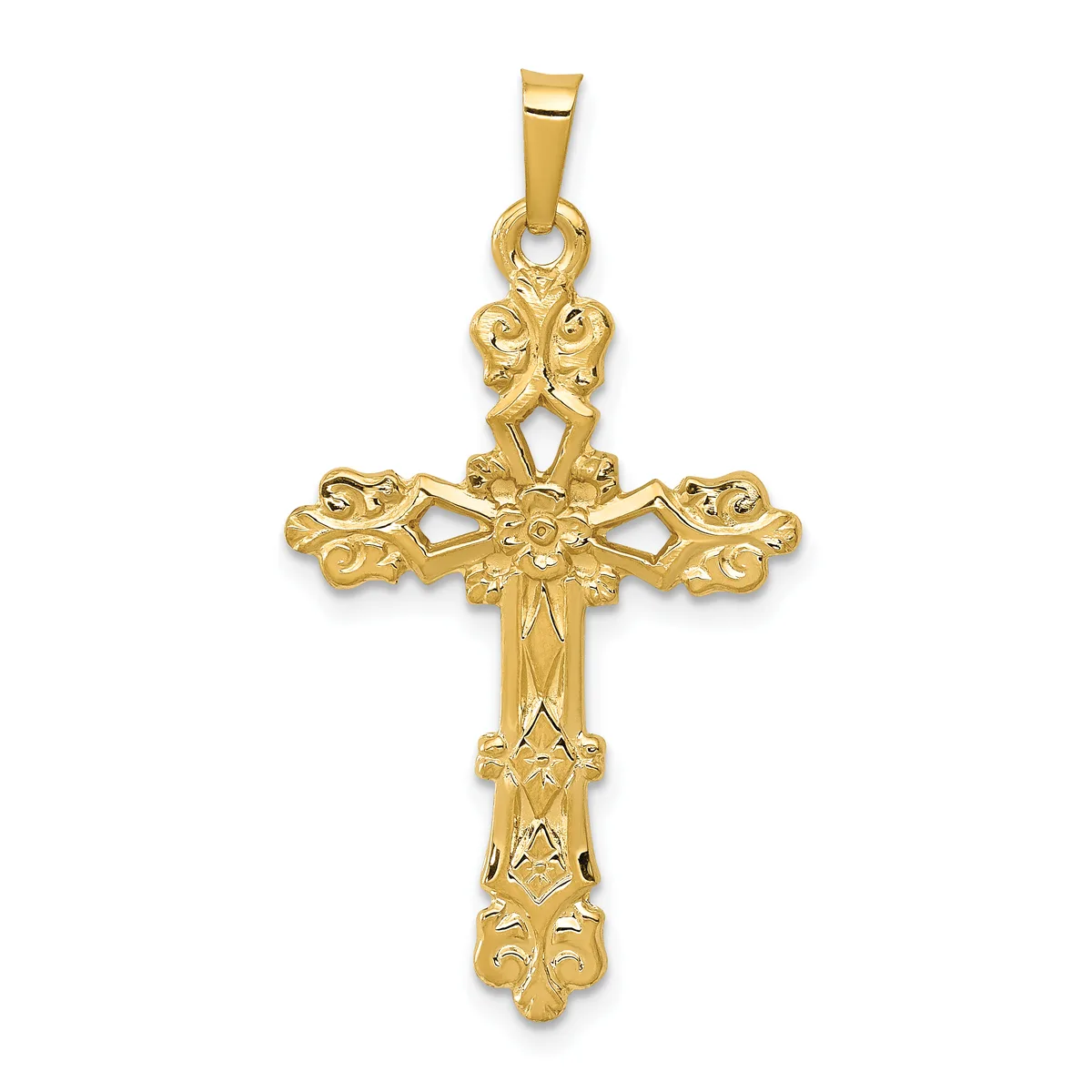 A gold ornate cross pendant with decorative filigree details and scrollwork throughout, suspended from a matching gold bail.