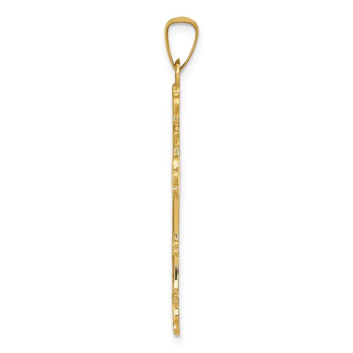 A long, slender gold chain with a teardrop-shaped loop at the top and decorative segmented links throughout its length.