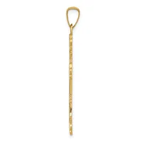 A long, slender gold chain with a teardrop-shaped loop at the top and decorative segmented links throughout its length.