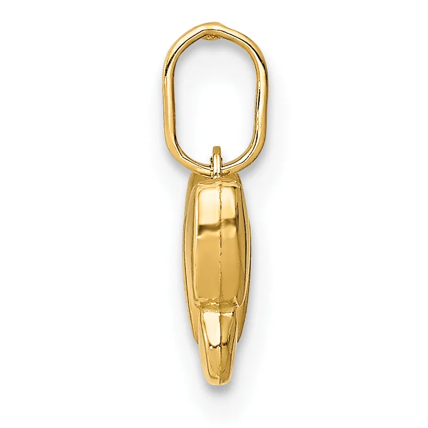 A polished gold pendant with an elongated oval loop at the top and a tapered, capsule-shaped body below, shown against a white background.