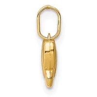A polished gold pendant with an elongated oval loop at the top and a tapered, capsule-shaped body below, shown against a white background.
