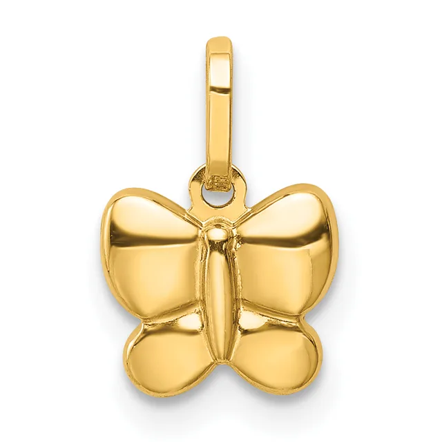 A polished gold butterfly-shaped pendant with rounded wings and a center body, suspended from a bale loop at the top.