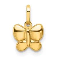 A polished gold butterfly-shaped pendant with rounded wings and a center body, suspended from a bale loop at the top.