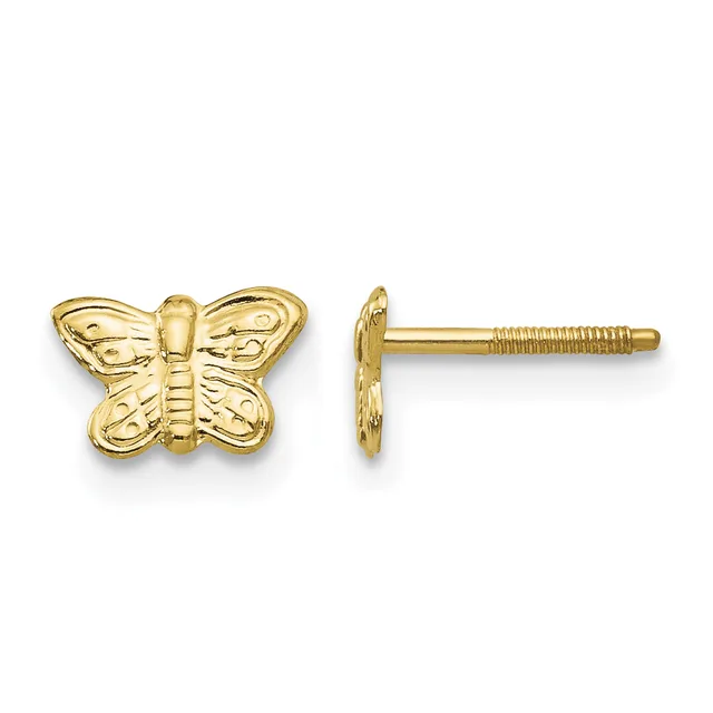 A pair of gold butterfly stud earrings shown from front and side views, each featuring a textured butterfly design on a threaded post.
