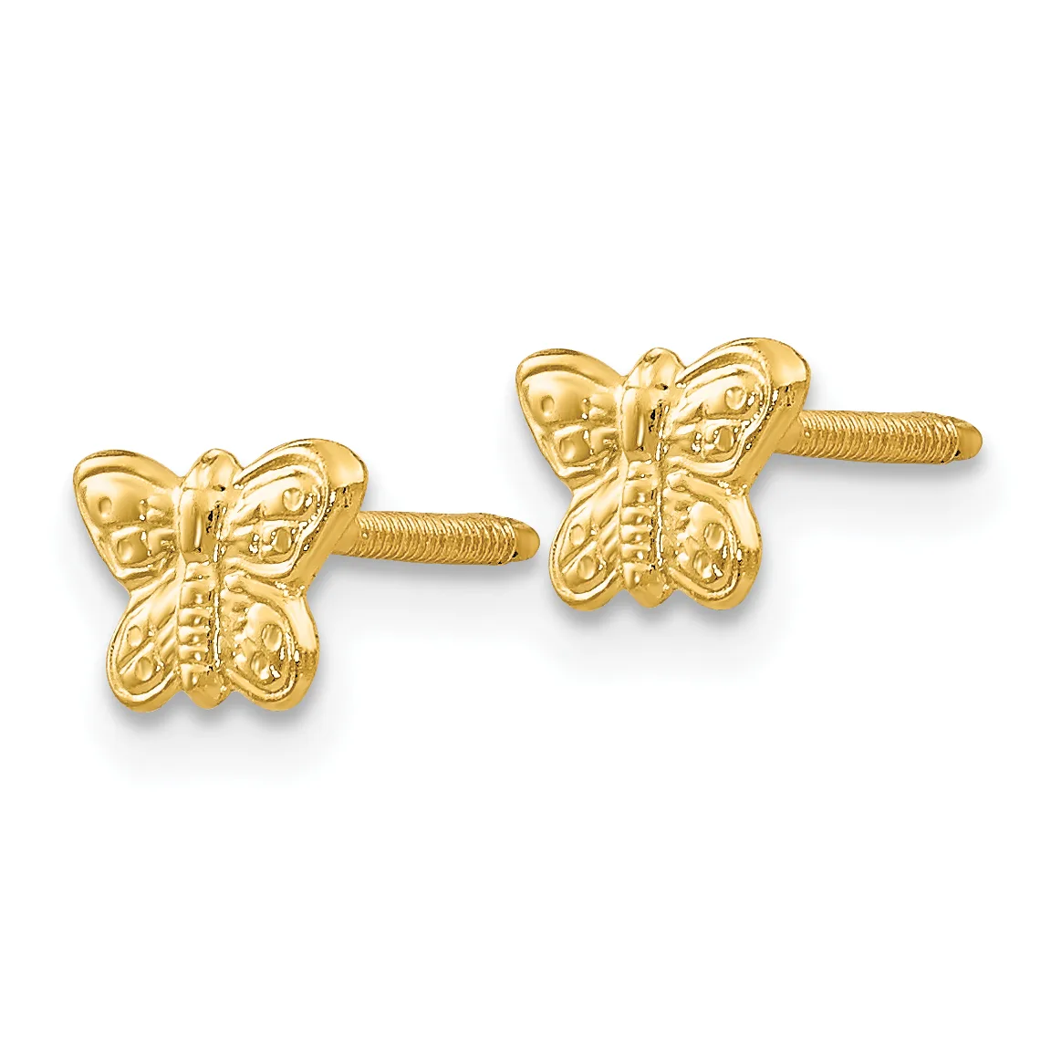 A pair of gold butterfly stud earrings with detailed wing patterns and screw-back posts displayed against a white background.