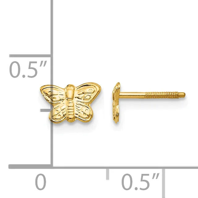 Gold butterfly stud earrings with textured wings shown front and side view against a measurement scale indicating approximately 0.5 inches in width.