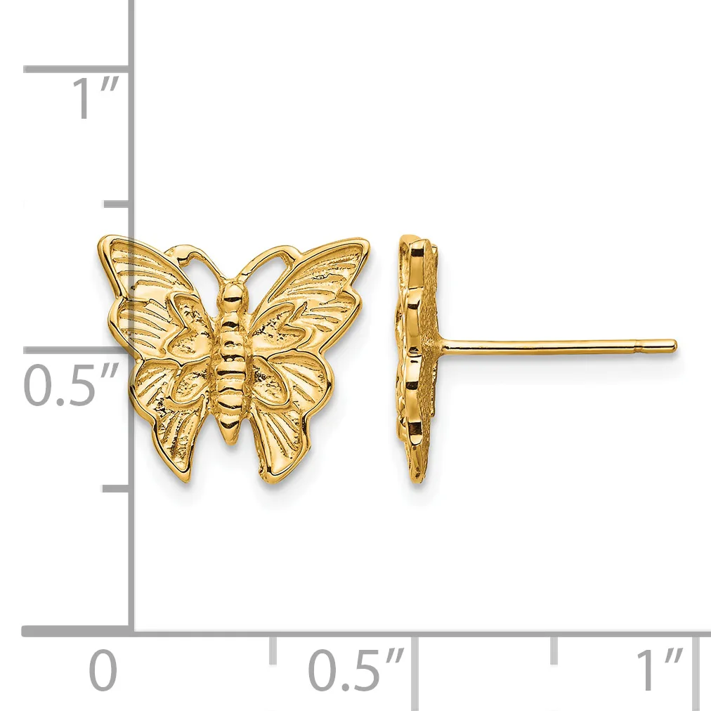 Gold-colored butterfly stud earrings shown from front and side views with a measurement scale indicating approximately 0.5 inches in width.