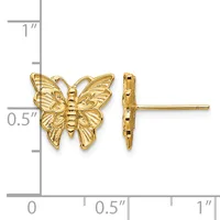 Gold-colored butterfly stud earrings shown from front and side views with a measurement scale indicating approximately 0.5 inches in width.