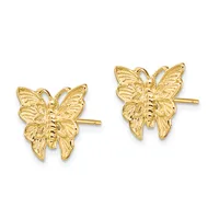 A pair of gold butterfly stud earrings with textured wings and posts, shown from the front against a white background.