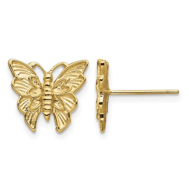 Gold butterfly stud earrings shown from front and side view, featuring detailed wing patterns and a post back closure.