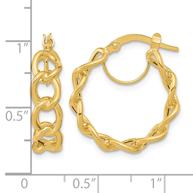 Gold-toned twisted chain hoop earrings with posts and backs, displayed next to a measurement ruler showing approximately one inch in length.