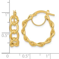 Gold-toned twisted chain hoop earrings with posts and backs, displayed next to a measurement ruler showing approximately one inch in length.