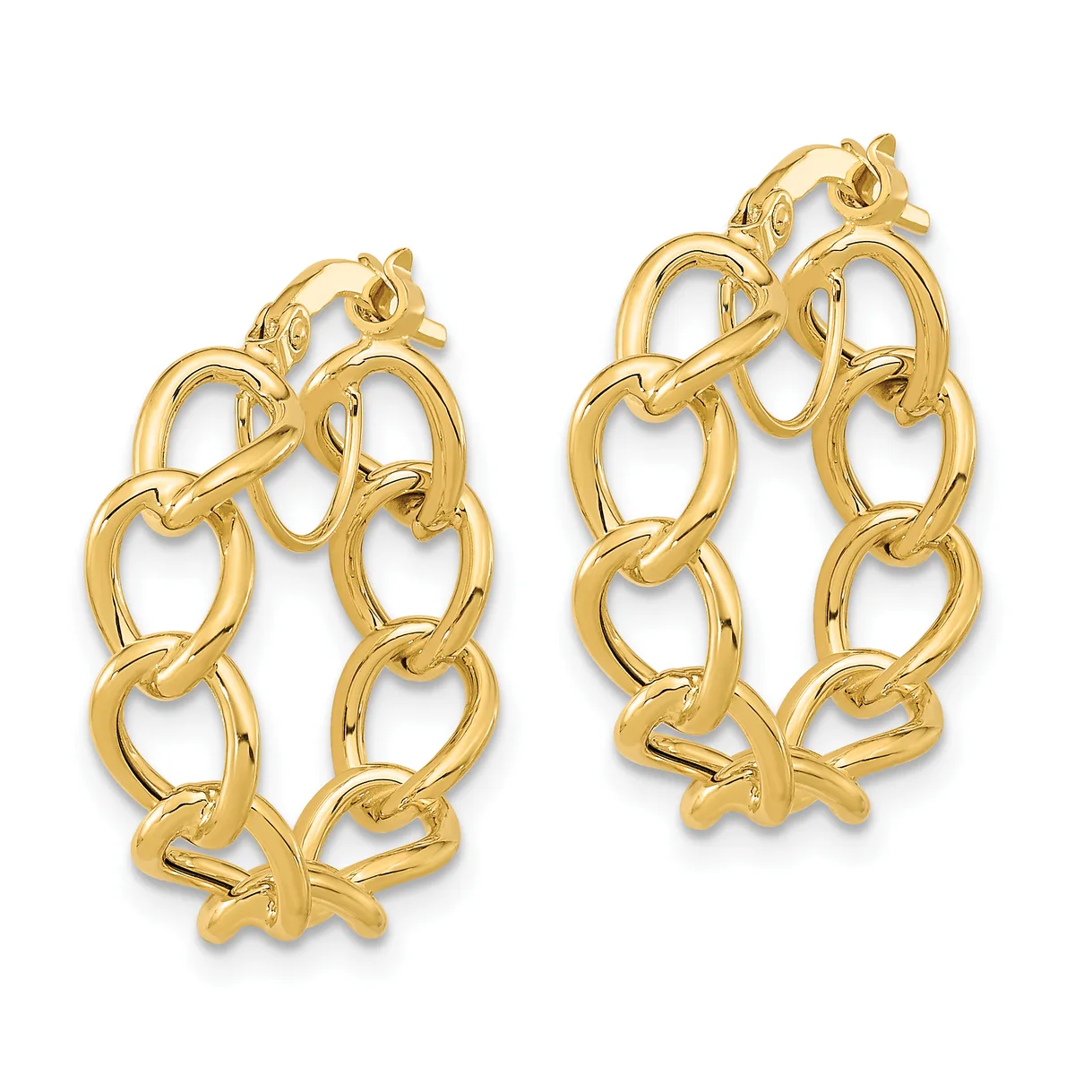 Pair of gold-toned chunky chain link hug hoop earrings with bow-shaped clasps at the bottom, shown against a white background.