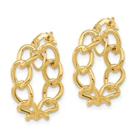 Pair of gold-toned chunky chain link hug hoop earrings with bow-shaped clasps at the bottom, shown against a white background.
