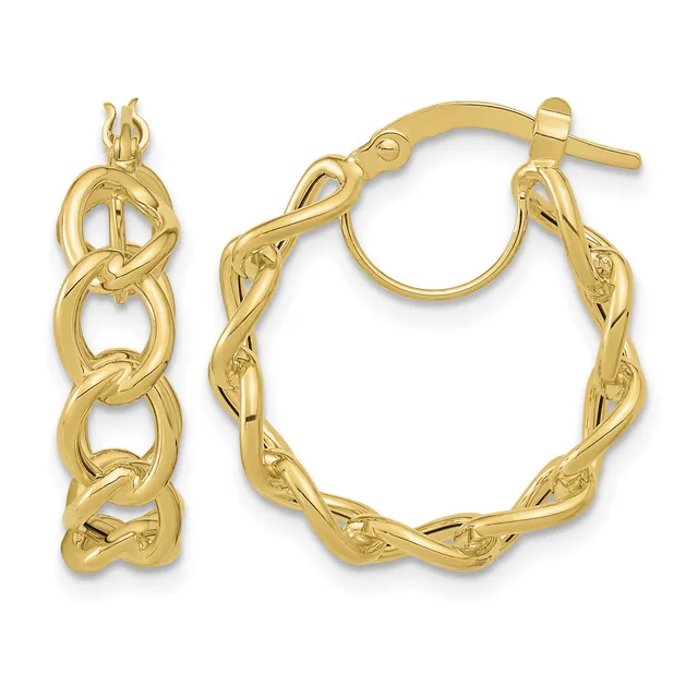 Pair of gold twisted hoop earrings with post and clutch backs, shown from front and side angles.