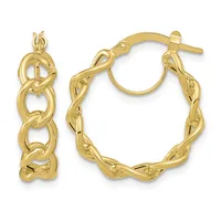 Pair of gold twisted hoop earrings with post and clutch backs, shown from front and side angles.