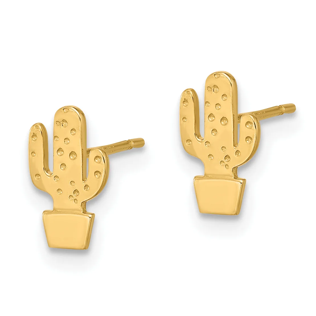 A pair of gold cactus-shaped stud earrings with textured surfaces and potted bases, shown from the front.