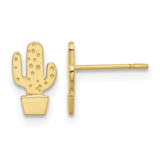 Pair of gold cactus-shaped stud earrings with textured surfaces and smooth pot bases, shown from front and side views.