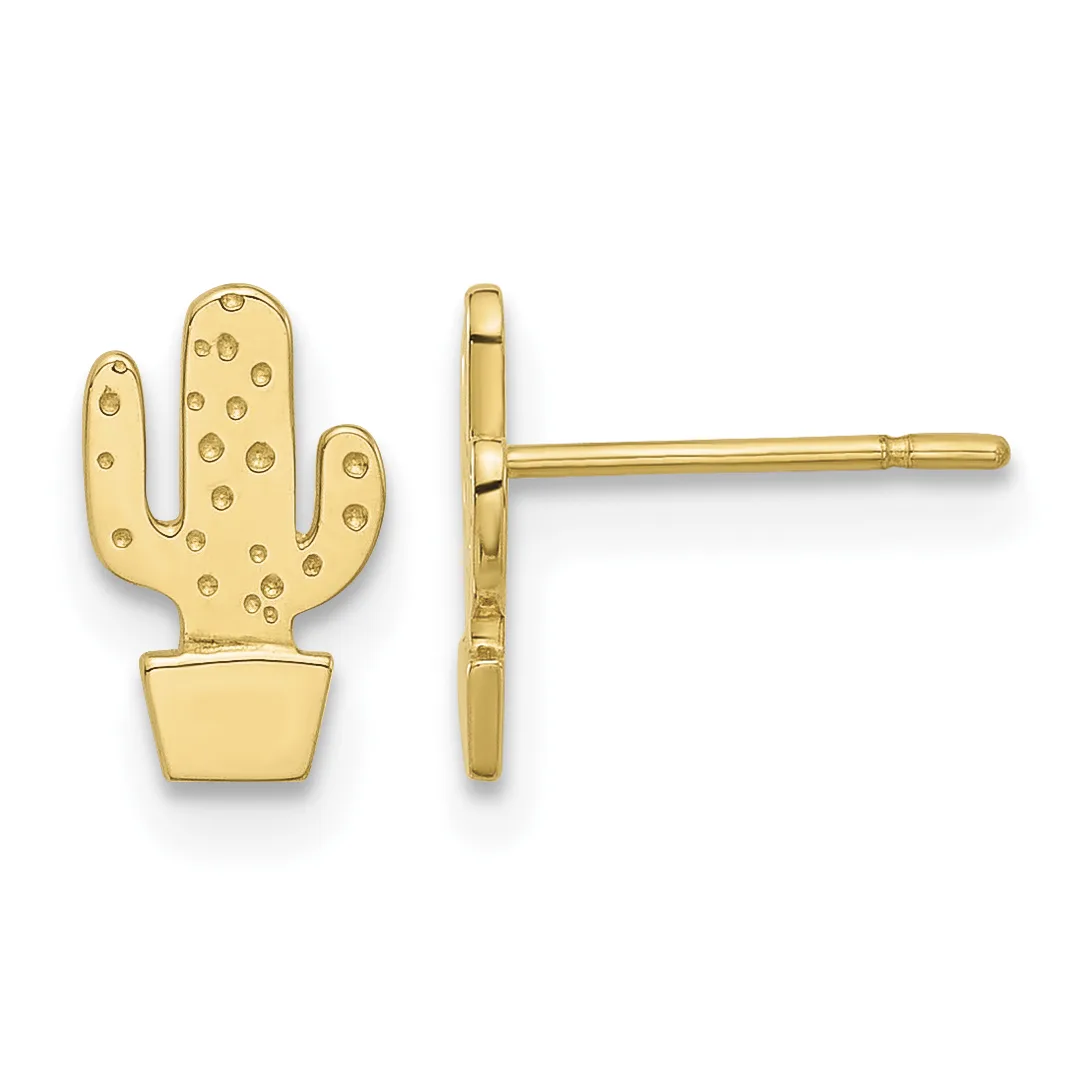 Pair of gold cactus-shaped stud earrings with textured surfaces and smooth pot bases, shown from front and side views.