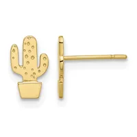 Pair of gold cactus-shaped stud earrings with textured surfaces and smooth pot bases, shown from front and side views.