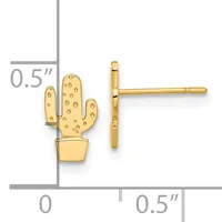 Gold cactus stud earrings with textured surface and matching post, shown at half-inch scale.